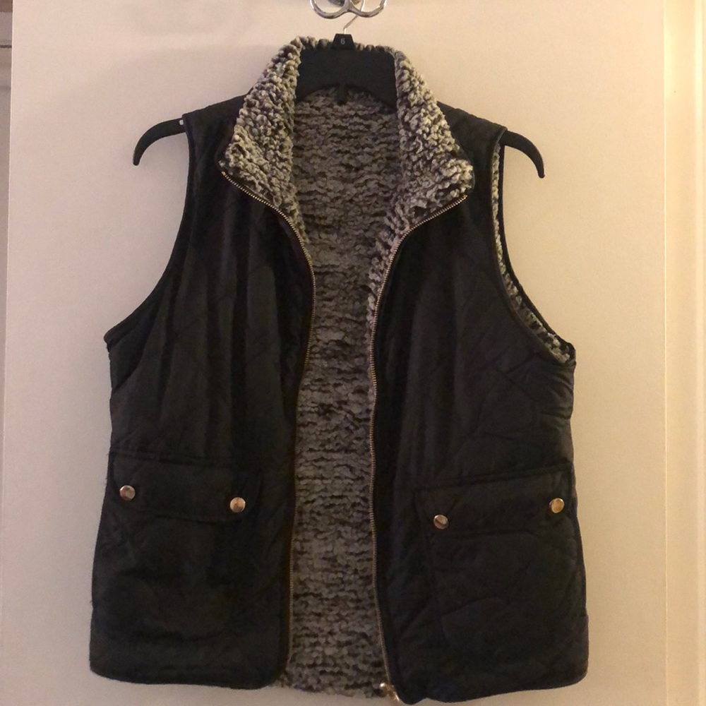Reversible black fuzzy vest